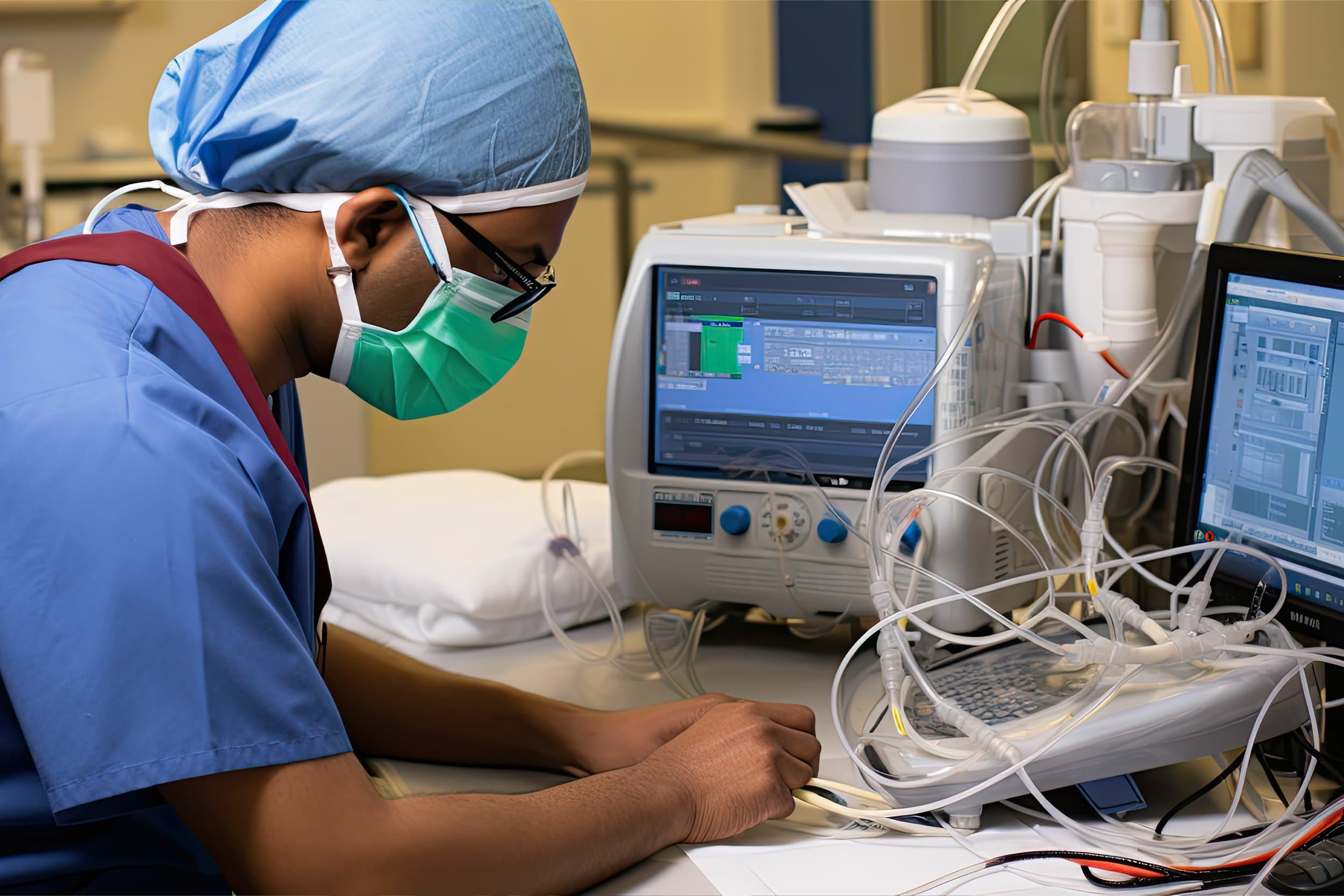Profissional executando manutenção planejada em aparelho hospitalar